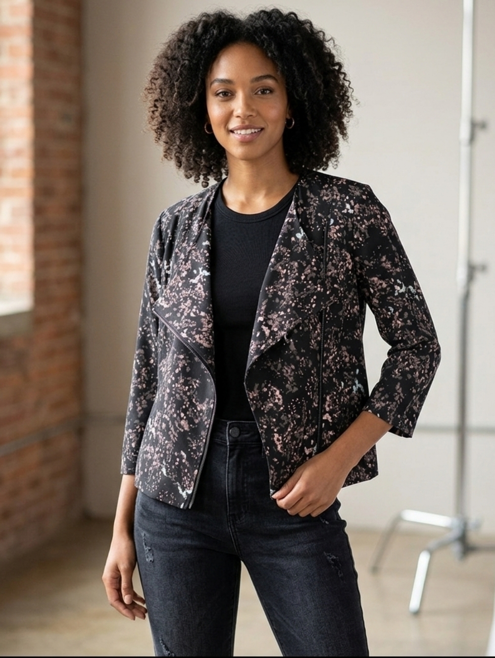 J. JESS Jacket Blouse Womens Diagonal Zipper Up Black & Pink Splatter SZ 16